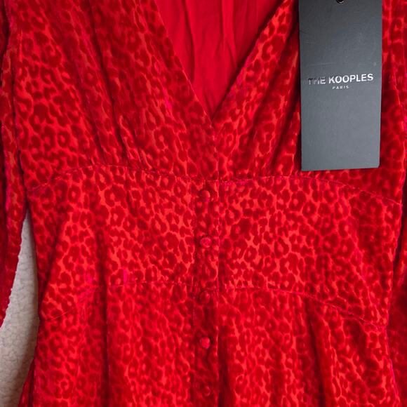 KOOPLES SZ2 NWT burnout Velvet texture Red Leopard V neck Buttondown sexy dress - Picture 15 of 16